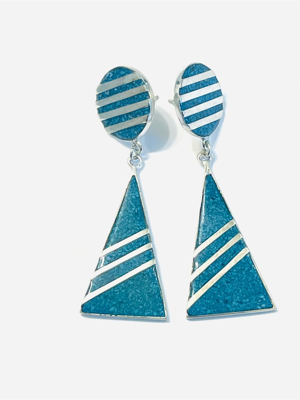 Alpaca Silver Turquoise Inlay Drop Earrings – Made in Mexico – Geometric Design